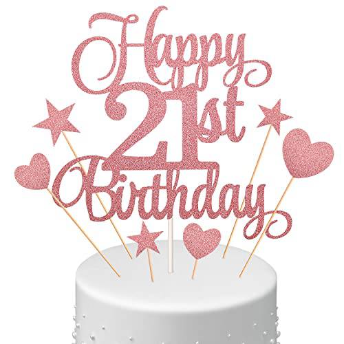 21st Happy Birthday Cake Decorations Set Include Happy 21st Birthday Cake Toppers and Heart Star Cupcake Picks for Birthday Party Decorations (Rose Gold Glitter)
