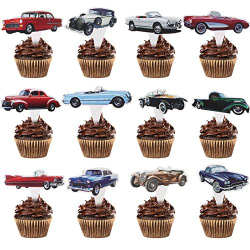 LOSHINE Classic car party decorations,Classic cars 24 pcs Cupcake Toppers for Vintage Car Birthday Party Supplies and Farm Truck Birthday Decorations Car theme Party Supplies Favors