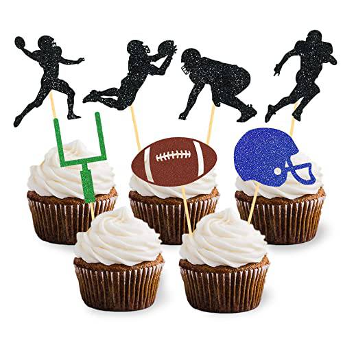 35 Pieces Football Cupcake Toppers Glitter Picks for Super Bowl Party Decorations, Sports Game, Football Themed Party Supplies
