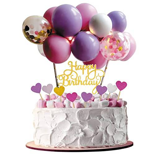 DJOOCYL Purple Cake Topper Happy Birthday Cake Toppers and Confetti Balloon Paper Fans For Theme Party Decor Birthday Cake Supplies Decorations (Purple)
