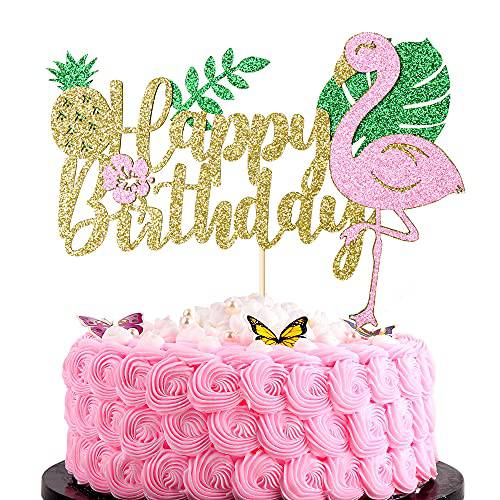 Artczlay Golden glitter happy birthday cake topper, flamingo palm leaf pineapple cake topper, Hawaii theme birthday party supplies