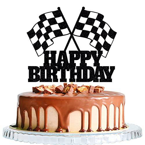 Car Cake Topper Race Car Cake Decorations for Racing Car Checkered Flag-Glitter Race Car Cake Topper Happy Birthday Theme Cake Decor