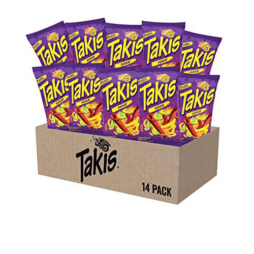 Takis Fuego Rolled Tortilla Chips, Hot Chili Pepper and Lime Artificially Flavored, Multipack Box with 14 Bags of 9.9 Ounces, Net Weight of 8 Pounds 10.6 Ounces