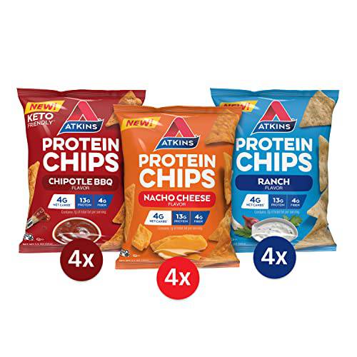 Atkins Protein Chips, Salty Snack Variety Pack, (Chipotle BBQ, Nacho Cheese, Ranch), Keto Friendly, Baked Not Fried, 12 Count