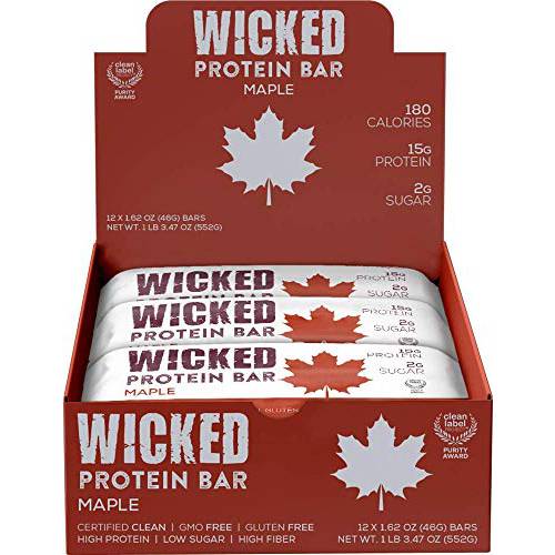 WICKED Protein Bar, Maple, 15g Protein, 2g Sugar, Clean Label Project certified, 12 bars, Gluten Free, GMO Free, Breakfast Bar, Premium Protein Snack, Low Sugar, Nothing Artificial