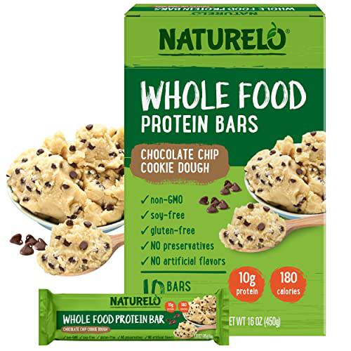 NATURELO Whole Food Protein Bar, Chocolate Chip Cookie Dough - 10g of Protein, Soy Free, Gluten Free, Non-GMO, No Artificial Sweeteners, Flavors, or Preservatives - 1.6 oz Bars, 10 Count