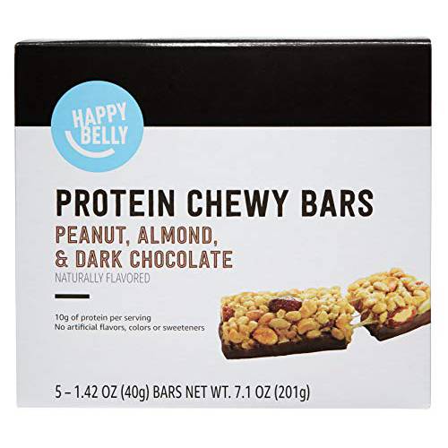 Amazon Brand - Happy Belly Protein Chewy Bars, Peanut, Almond and Dark Chocolate, 5 Count