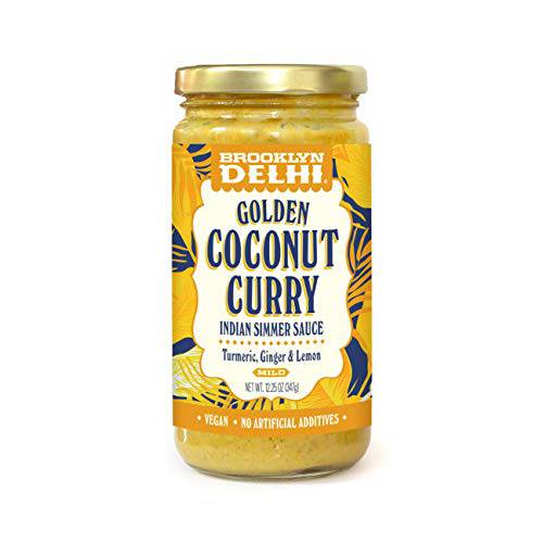 Brooklyn Delhi Golden Coconut Curry - Indian Simmer Sauce with Turmeric, Ginger, Lemon, & Coriander - 12 Ounces - Mild Enough for a kid, Flavorful Enough for a Foodie - Vegan - No Artificial Additives