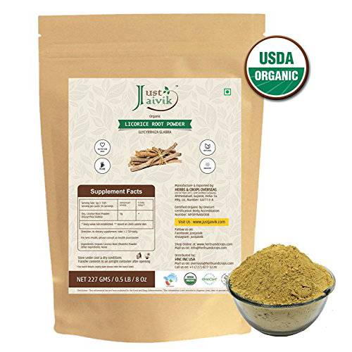 Just Jaivik 100% Organic Licorice Root Powder - Mulethi Powder 227 g / 0.5 LB Pack (Glycyrrhiza Glabra) / Yastimadu Powder- an USDA Organic Certified Herb