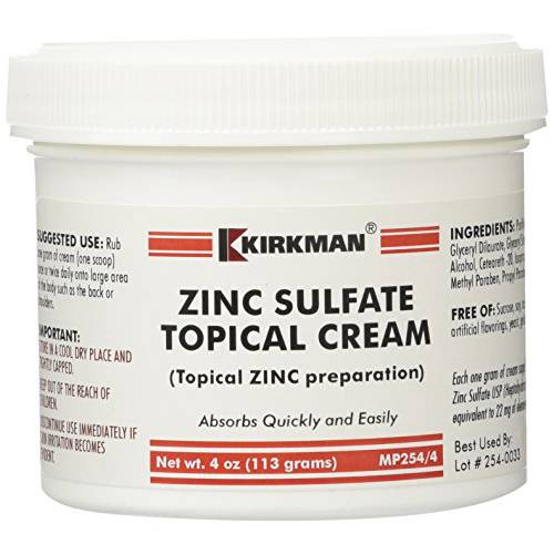 Kirkman - Zinc Sulfate Topical Cream - 4 fl oz - Fast Absorption - 10% Zinc Sulfate - Hypoallergenic