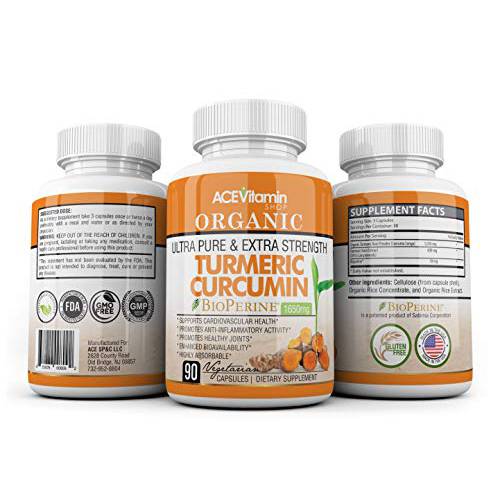 Organic Ultra Pure and Extra Strength (1650 mg) Turmeric Curcumin Extract BioPerine (90 Vegetarian Turmeric Capsules) 95% Curcuminoids | Turmeric Curcumin Capsules | Anti-Inflammatory, Anti-Aging