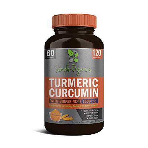 Simple-Organics Turmeric Curcumin with Bioperine, Black Pepper Extract for Absorption, Helps in Joint Pain and Overall Health, Supports Digestion and Immunity, 1500mg per Serving, 120 Vegan Capsules
