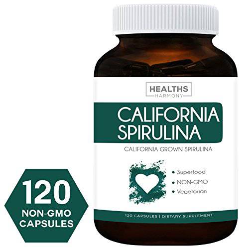 California Spirulina Capsules (Non-GMO) 120 Vegetarian Capsules 500mg - Blue Green Algae Superfood from Spirulina Powder - Grown in California - Gluten Free & Non-irradiated - No Tablets