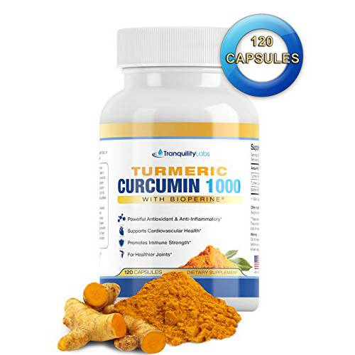 Turmeric Curcumin with BioPerine Black Pepper - 1000mg - Max Absorption, 95% Curcuminoids - Joint Pain Relief, Anti Inflammatory, Cardio, Digestive, Immune Support, 120 Capsules by Tranquility Labs