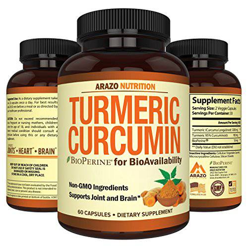 Arazo Nutrition Turmeric Curcumin with BioPerine 1300mg with Black Pepper - Joint Support Nutritional Supplements - 100% Herbal Tumeric Root Capsules