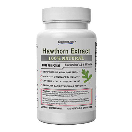 Superior Labs — Best Hawthorn Vitamin Supplement NonGMO, Non Synthetic — 300 mg Dosage, 120 Vegetable Capsules — Powerful Antioxidant — Healthy Digestion — Circulatory & Cardiovascular Health