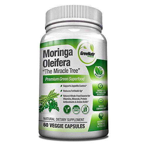 Pure Moringa Oleifera Leaf Extract Veggie Capsules-1000 mg. Natural Weight Management Supplement, Energy and Metabolism Booster - Mood, Memory and Focus Enhancer. Premium Green Superfood. 60 Count