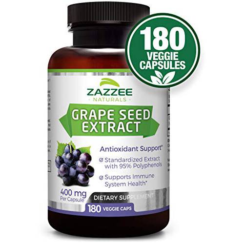 Zazzee Grape Seed Extract 20,000 mg Strength, 180 Vegan Capsules, 95% Polyphenols (Proanthocyanidins), Potent 50:1 Extract, 400 mg per Capsule, 6 Month Supply, Non-GMO and All-Natural