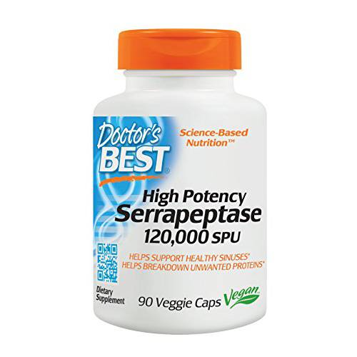 Doctor’s Best High Potency Serrapeptase, Non-GMO, Gluten Free, Vegan, Supports Healthy Sinuses, 120,000 SPU, 90 Count