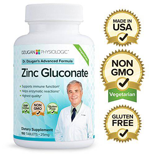 Dr. Dzugan’s Advanced Zinc Gluconate Formula :: Non-GMO, GMP Certified, Gluten Free, Vegetarian :: 100 Tablets 25mg :: Immune Function