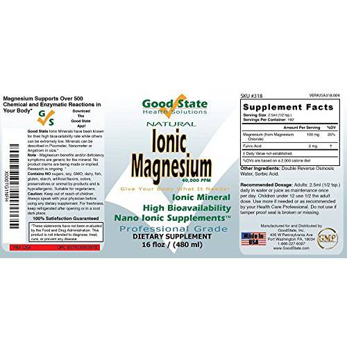 Good State | Ionic Magnesium 16 oz.| Natural | Nano Sized Mineral Technology | Professional Grade | Supports Healthy Chemical & Enzymes Reactions | 192 Servings at 100 mg per serving | 16 Fl oz Bottle