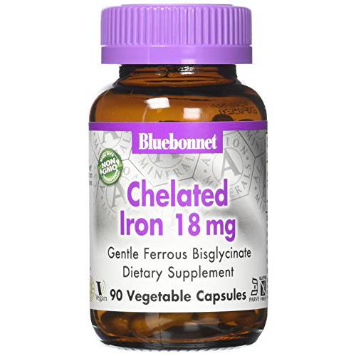 Bluebonnet Nutrition Chelated Iron 18 mg - non-constipating Iron - Soy-Free, Gluten-Free, Non-GMO, Kosher Certified, Dairy-Free, Vegan - 90 Vegetable Capsules, 90 Servings