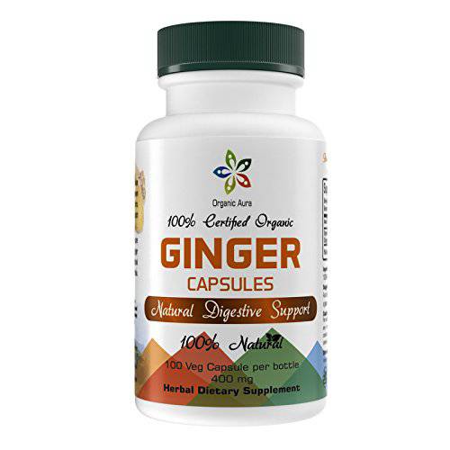 Organic Aura Ginger Capsules. Made with Certified Ingredient. Powerful Anti-Oxidant for Boosting Digestion, Immunity and Optimum Health. No GMO and Gluten Free.
