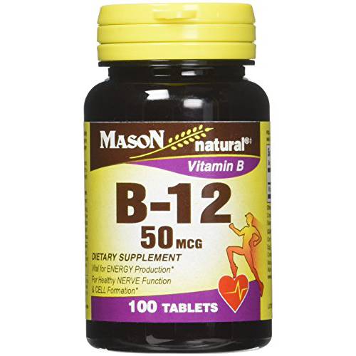 Mason Natural Vitamin B12 50 mcg with Calcium - Healthy Conversion of Food into Energy, Supports Nerve Function and Health, 100 Tablets