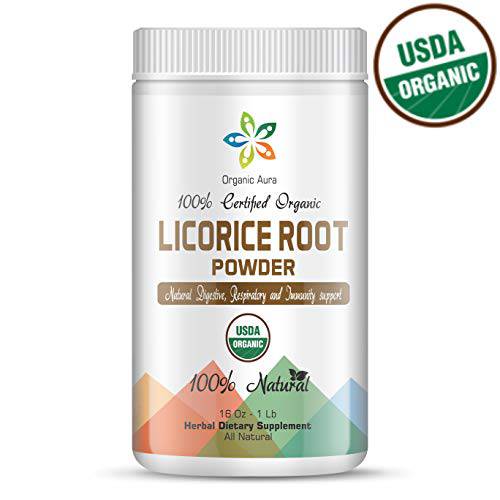 Organic Aura Licorice Root Powder 16Oz -1Lb. Natural Respiratory, Digestive and Immune Support. Enhances Overall Health. 100% Natural and Raw Superfood Supplement. No GMO. Gluten Free.