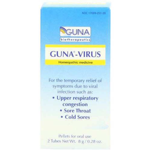 Guna Virus Pellets for the temporary relief of symptoms such as: upper respiratory congestion, sore throat and cold sores - Non-Drowsy - 2 Tubes
