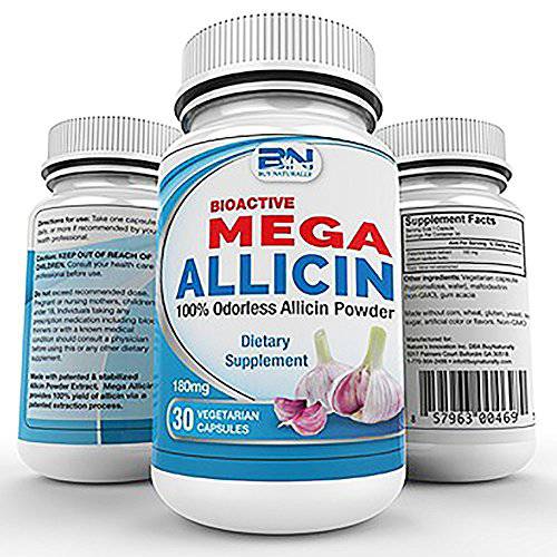 Mega Allicin 100% Stabilized Allicin from Garlic | 180,000mcg (180mg) Vegetarian-Capsule, Odorless, Non-GMO, and Gluten-Free (30 Count)