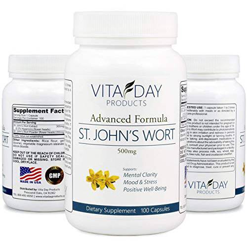 Vita Day Products Premium Pure St Johns Wort 500MG Supplement [May Support Memory, Boost Mood & Much More] - 100 St John Wort Capsules - Made in USA - Free Bonus Report