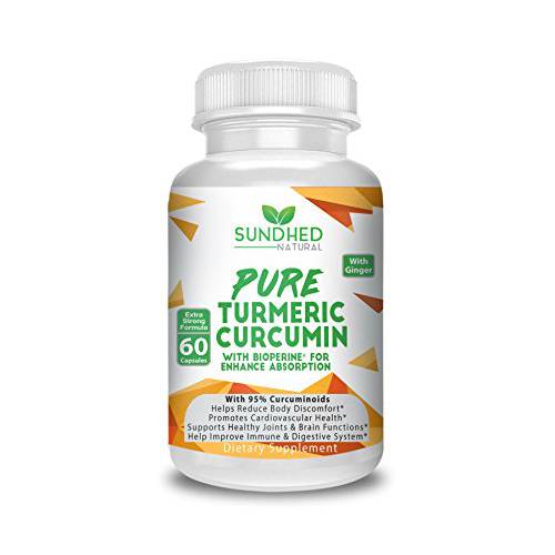 Sundhed Natural Pure Turmeric Curcumin Capsules (60 Caps) - All Natural Turmeric Supplement with 95% Standardized Curcuminoids - Powerful Turmeric Pills, Total Joint Support Turmeric Supplements