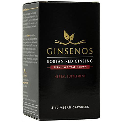 Ginsenos Korean Red Ginseng 1700mg - 60 Vegan Capsules - Extra Strength Whole Root 6 Year Panax Ginseng Pills - Natural Energy, Performance, Memory for Men and Women