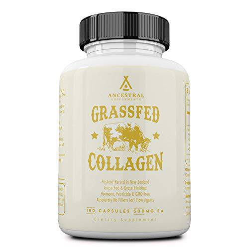 Ancestral Supplements Grass Fed Beef Living Collagen Nutritional Powder Supplement, 3000mg, Promotes Healthier, Younger Looking Skin, Hair, Nails and Joints, Types I,II,III,V, and X, 180 Capsules