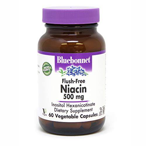 Bluebonnet Nutrition Flush-Free Niacin 500mg, for Nutritional Cardiovascular Support*, Soy-Free, Gluten-Free, Non-GMO, Kosher Certified, Dairy-Free, Vegan, 60 Vegetable Capsules, 60 Servings