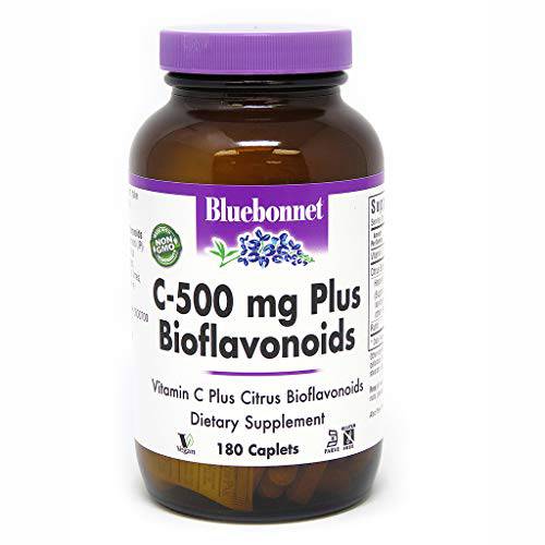 Bluebonnet Nutrition C-500 mg Plus Bioflavonoids Caplets, Vitamin C 500 mg, Citrus Bioflavonoids 250 mg, for Immune Health, Soy Free, Gluten Free, Non-GMO, Kosher, Dairy Free, Vegan, 180 Caplets