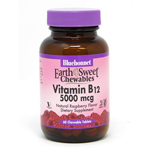 Bluebonnet Nutrition Earth Sweet Vitamin B12 5000 mcg Chewable Tablets, Soy-Free, Gluten-Free, Kosher Certified, Dairy-Free, Vegan, Raspberry Flavored, 60 Chewable Tablets, 60 Servings
