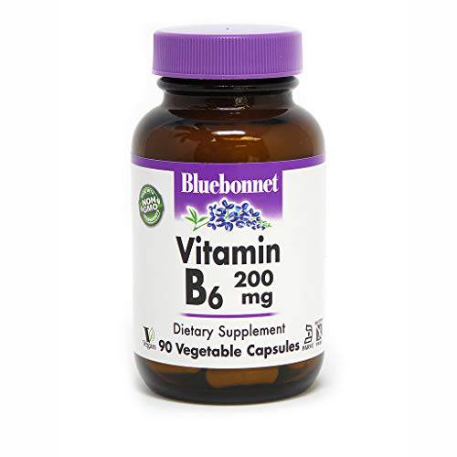 Bluebonnet Nutrition Vitamin B6 Vegetable Capsules, 200 mg, For Cardiovascular and Nervous System Health, Soy Free, Gluten Free, Kosher, Dairy Free, Vegan, Non-GMO, 90 Vegetable Capsules, 90 Servings