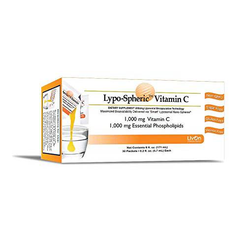 Lypo–Spheric Vitamin C - 6 Cartons (180 Packets) – 1,000 mg Vitamin C & 1,000 mg Essential Phospholipids Per Packet – Liposome Encapsulated for Improved Absorption – 100% Non–GMO