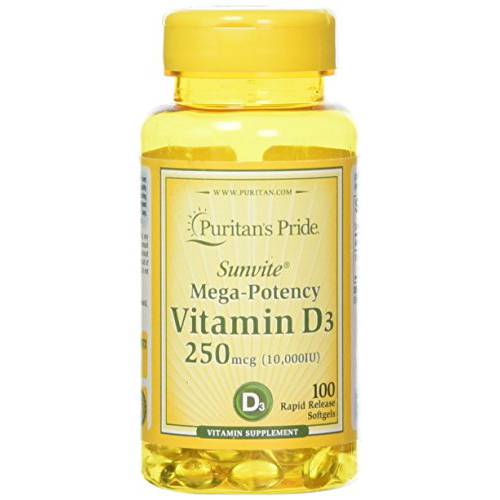 Puritan’s Pride Vitamin D3 10000 IU Bolsters Health Immune System Support and Healthy Bones & Teeth Softgels, Yellow, 100 Count