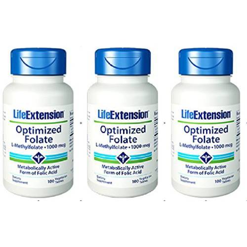 Life Extension Optimized Folate (L-Methylfolate), 1,000 mcg 100 vegetarian Tablets (3 Pack)