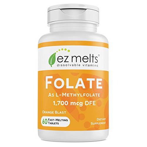 EZ Melts Folate as L-5-Methylfolate, 1,667 mcg DFE, Sublingual Vitamins, Vegan, Zero Sugar, Natural Orange Flavor, 60 Fast Dissolve Tablets