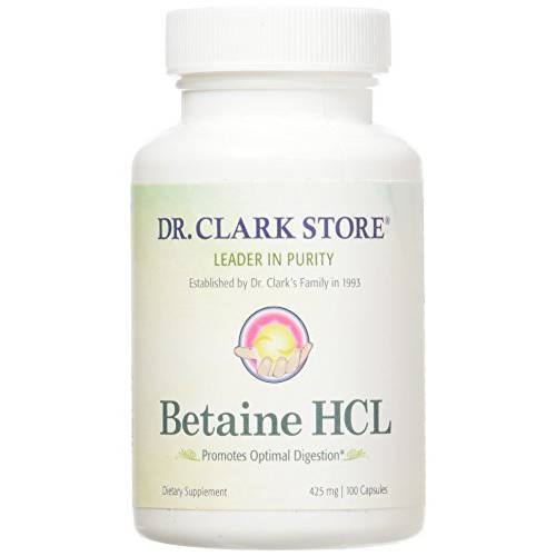 Dr. Clark Betaine HCL Digestive Enzymes - Acid Reflux Medicine, Hydrochloric Acid Protein Supplement, Optimal Digestion Formula, 100 Capsules, 425 mg