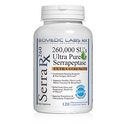 Serra-RX 260,000 SU Serrapeptase - Enteric Coated Proteolytic Systemic Enzyme, Non-GMO, Gluten Free, Vegan, Supports Sinus, Immune & Lung Health, 120 Veg Capsules