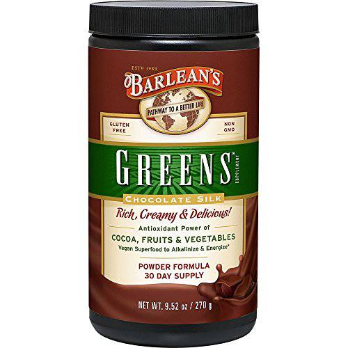 Barlean’s Chocolate Silk Greens Powder with Rich Chocolate Taste and Antioxidants - Vegan, Non-GMO, Gluten-Free - 9.52 oz