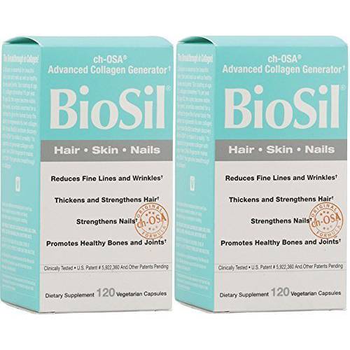 BioSil - 120 Vegan Capsules, Pack of 2 - with Patented ch-OSA Complex - Increase Collagen Production for Beautiful Hair, Skin & Nails - GMO Free - 240 Total Servings