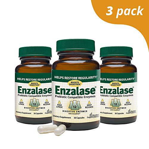 ENZALASE Master Supplements 50 Capsules, Pack of 3 - Probiotic Compatible Enzymes - Provides Digestive Boost + Gas & Bloating Relief - Gluten Free - 150 Total Servings