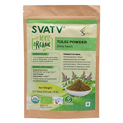 SVATV Organic Tulsi Powder | Holy Basil or Ocimum Sanctum | USDA Certified | Ayurvedic Dietary Supplement | For Healthy Hair and Clear Skin | Healthy Immune Function - 227g , Half pound