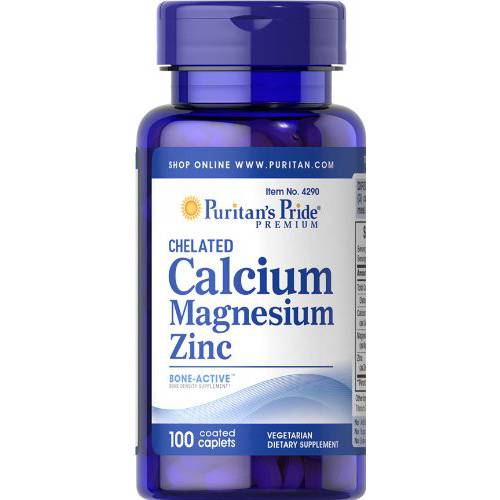 Puritans Pride Chelated Calcium Magnesium Zinc Caplets, 100 Count